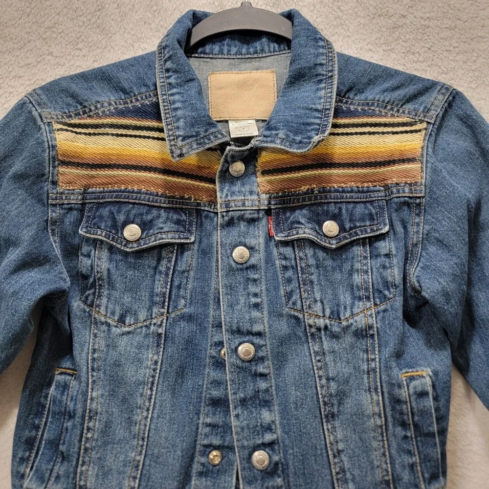 RARE Levis Kids Denim Trucker Jacket Size 7 Southwestern Serape Blanket Patch